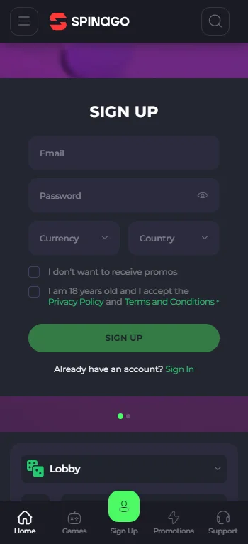 Spinago Casino home interface on a mobile browser