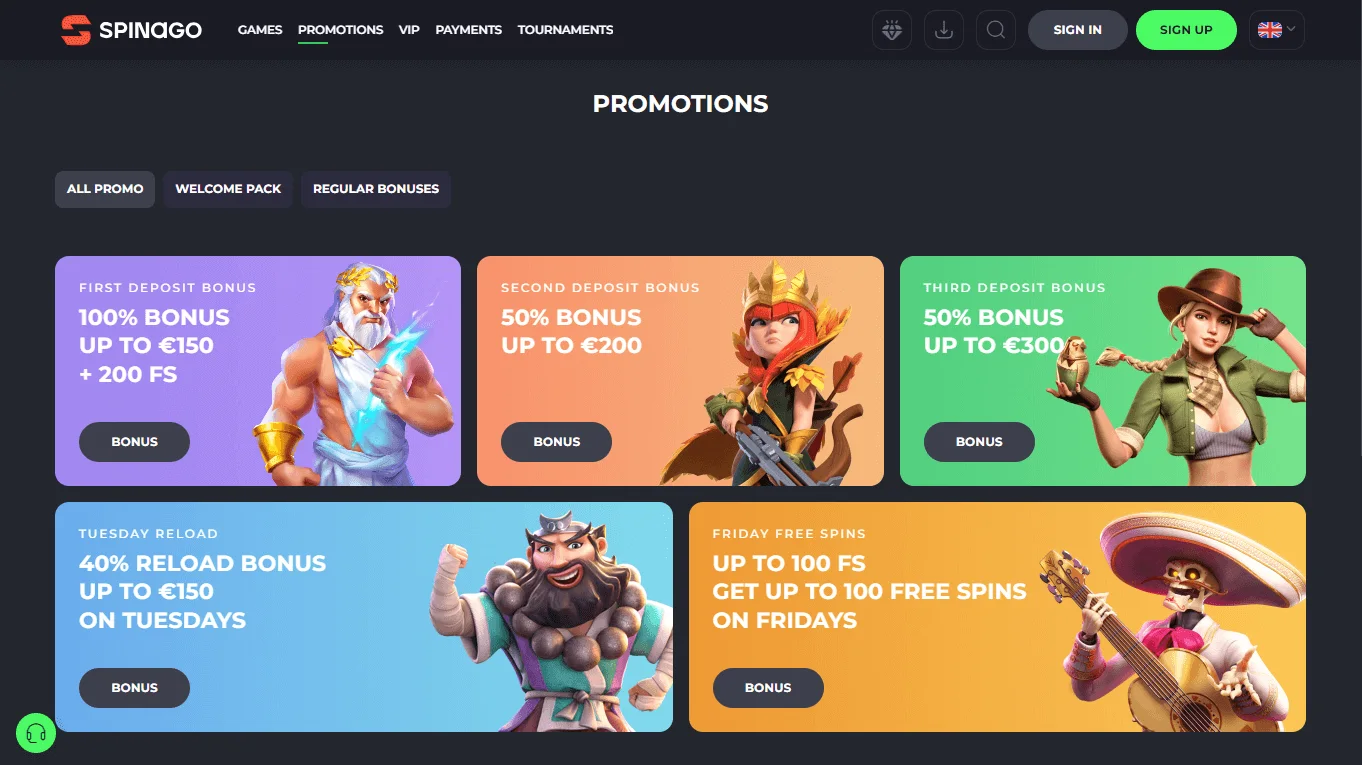 Spinago Casino promotions interface on desktop