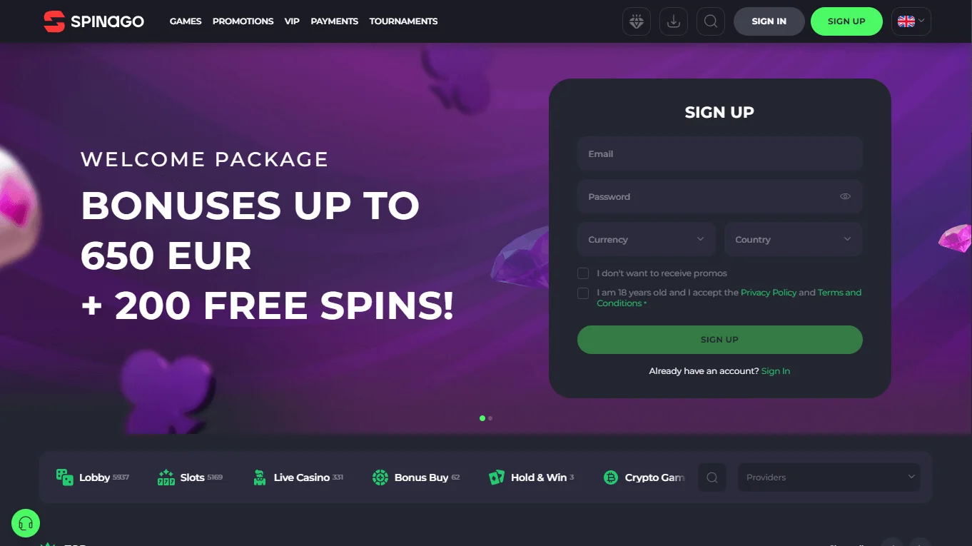 Spinago Casino home interface on desktop